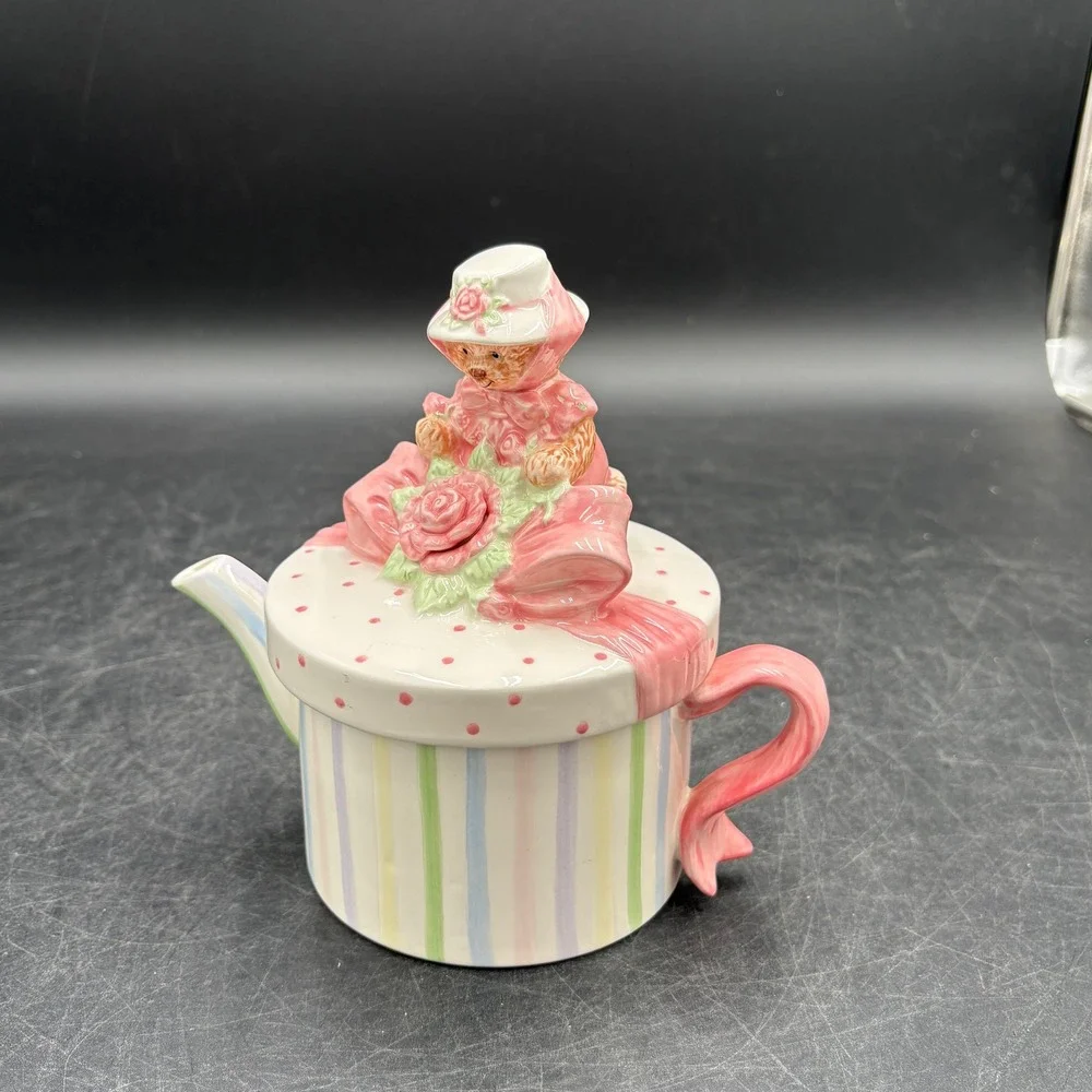 Mary's Moo Moos Enesco Teddy Bear Gift Box Decorative Teapot Pastel Stripes